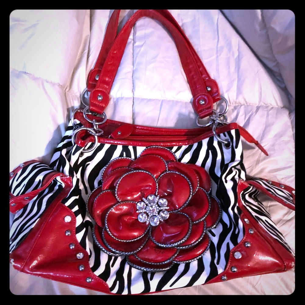 zebra purse: big red flower, studs & rhinestones